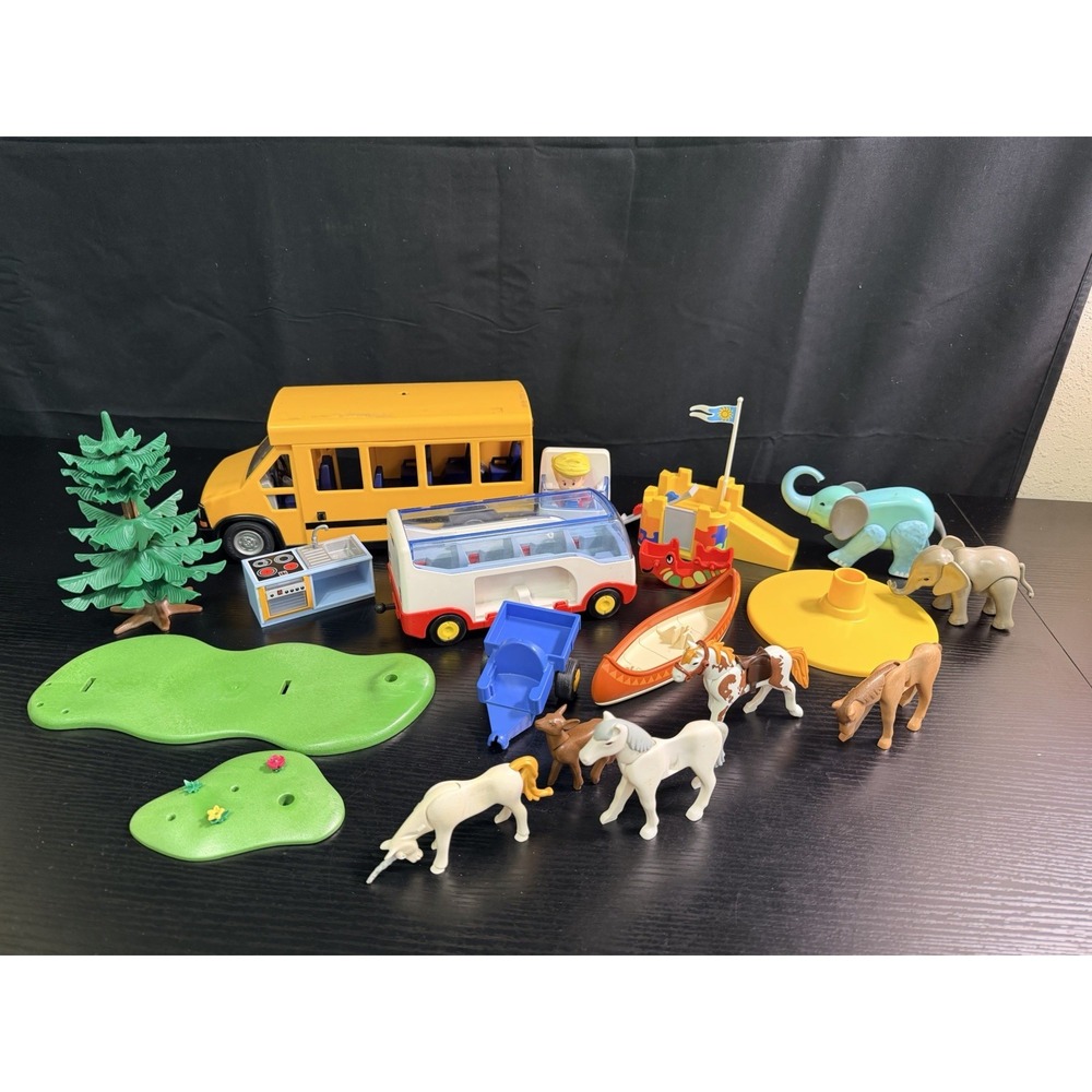 PLAYMOBIL 1.2.3 Mixed Toy Lot Bus Camper Animals Elephant Horses Tree